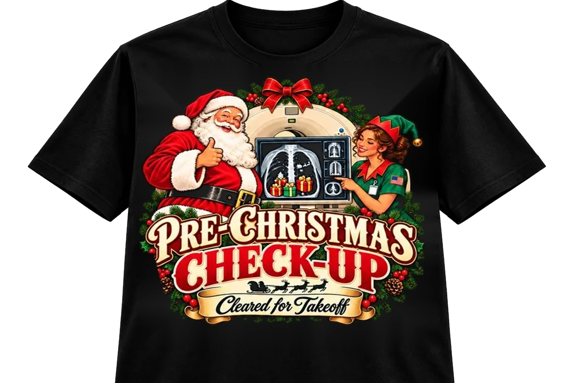 Black Pre-Christmas Check-Up T-shirt mockup featuring Santa, a CT scanner, a technologist and a Cleared for Takeoff ribbon