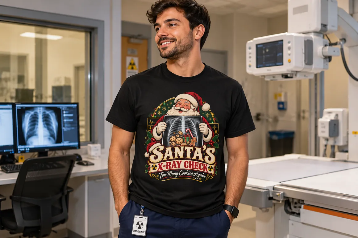Santa’s X-Ray Check T-shirt preview with a festive illustration of Santa holding a humorous X-ray and Too Many Cookies Again text