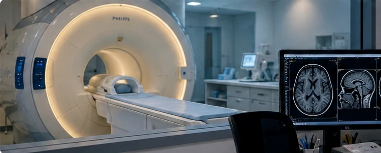 Conceptual illustration of an MRI scanner and image-review workstation in an imaging suite; no artifact is depicted.