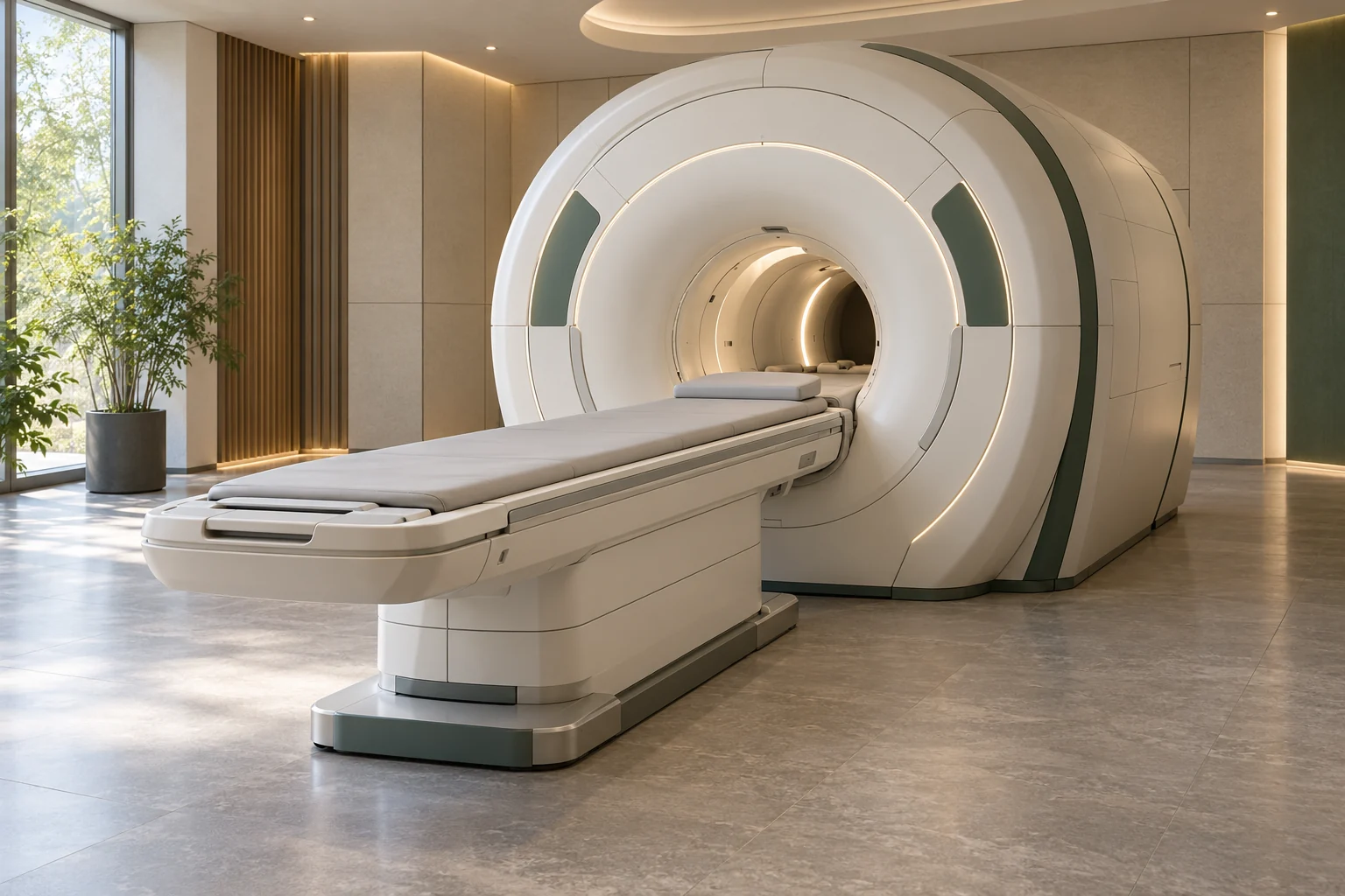 Original equipment visualization of a closed-bore MRI scanner with a patient table in a quiet imaging suite; not an actual scanner model or clinical photograph.